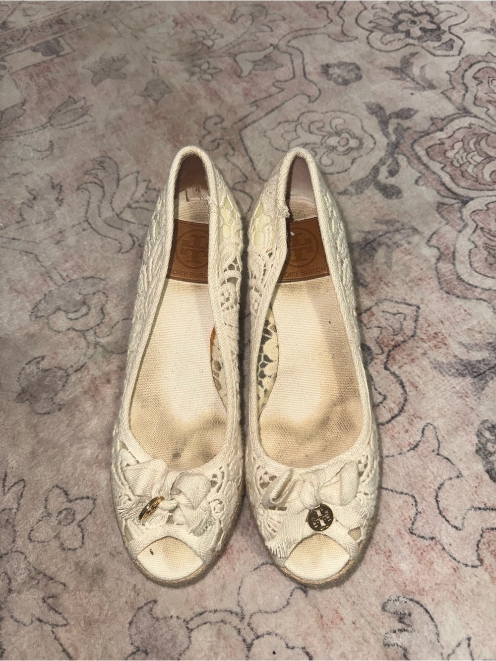 Tory Burch Cream Lace Peep-Toe Flats with Logo Charm